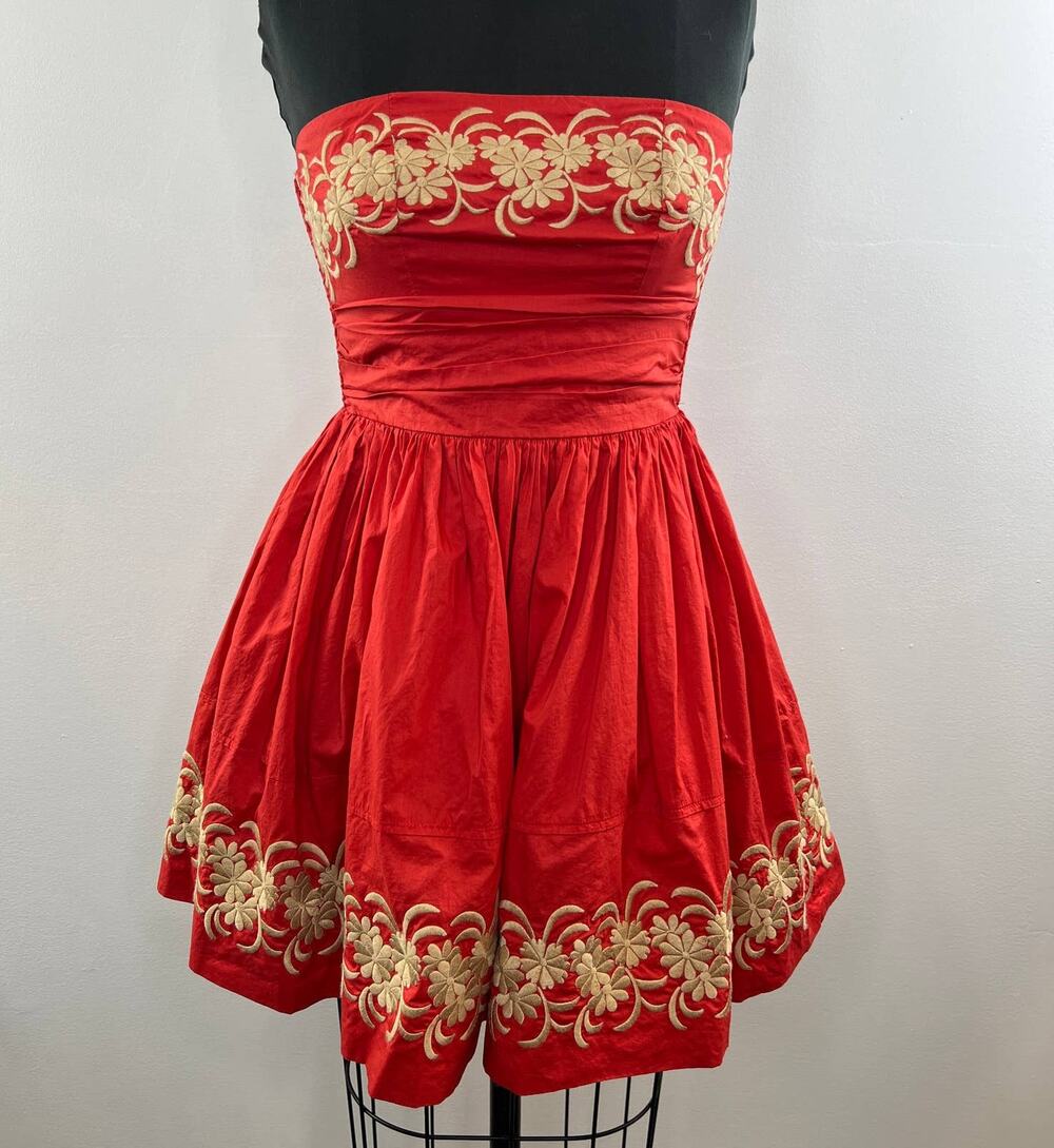 Anthropologie Girls from Savoy Red Beige Embroidered Strapless Fit Flare Dress 0